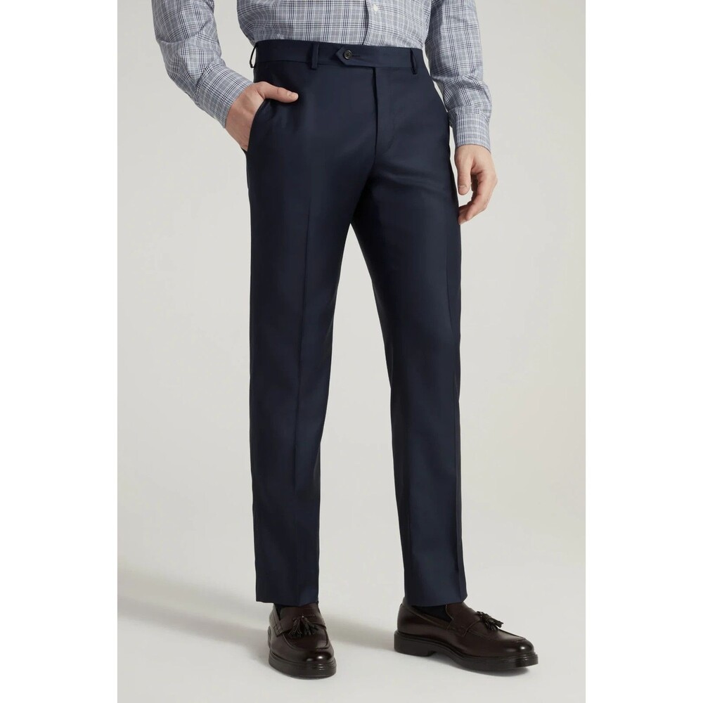 CANALI Flat Front Classic Fit Solid Stretch Wool Dress Pants 36W - Unhemmed Navy